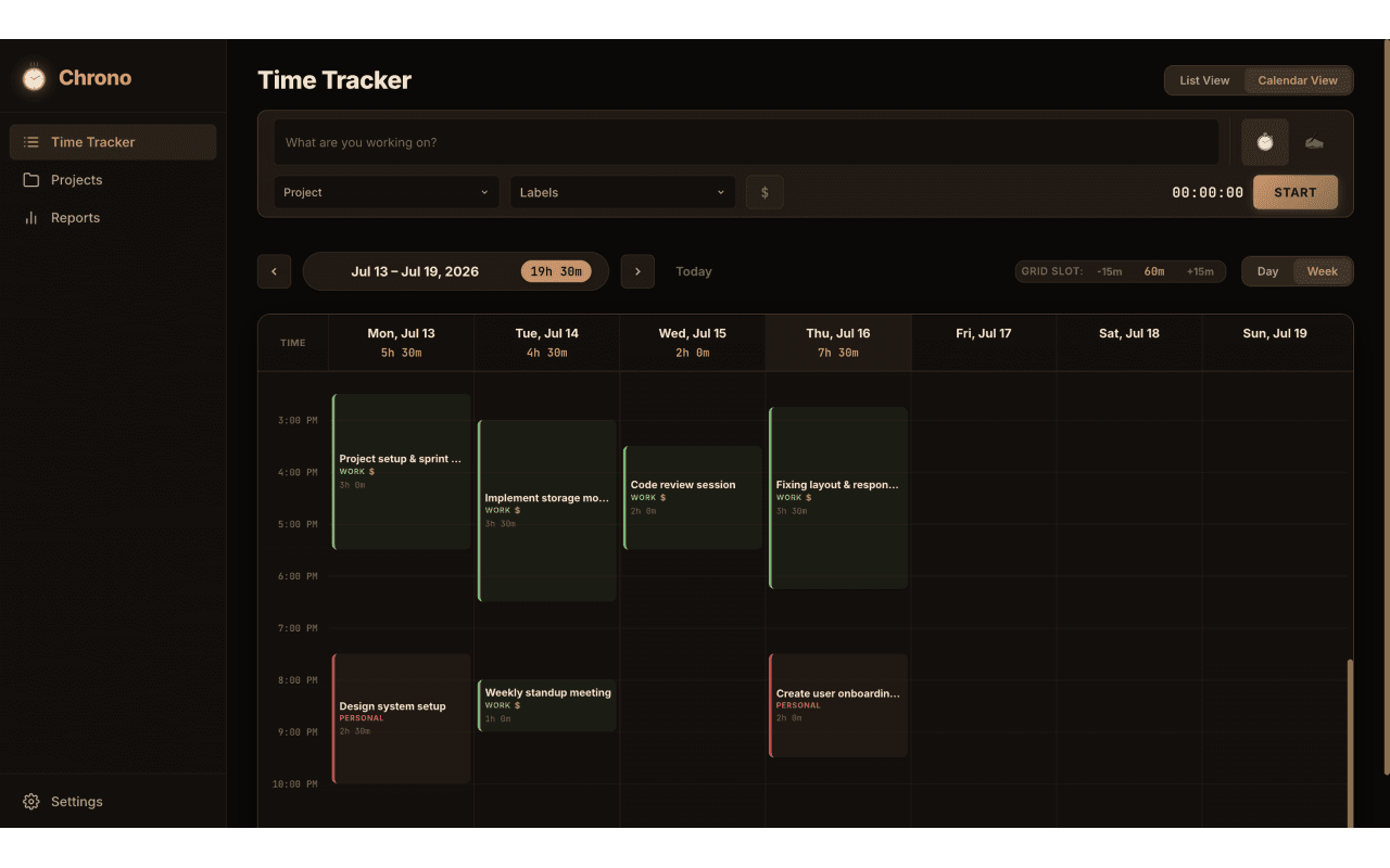 Chrono Dashboard - 15-minute creation snapping calendar scheduler and time grid